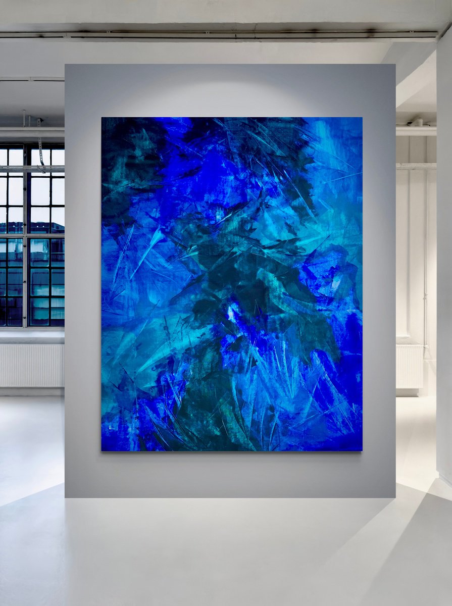 Organic Abstract Acrylic Painting By Anita Kaufmann, 55 X 71, Blue Abstract No. 3024, Original Artwork