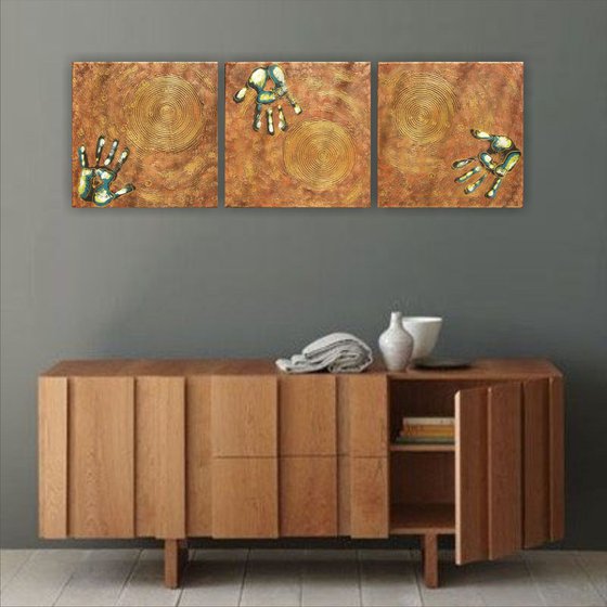 set of 3 gold textured paintings "Artist's Hand" abstract original art deep stretched canvas acrylic art wall art