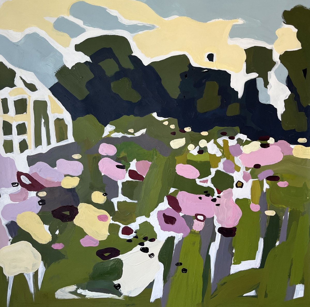 Naive Landscape Acrylic Painting By Jacob Burda, 36 X 36, Garden, Original Artwork