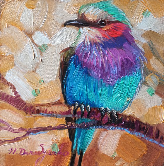 Colorful small bird art in blue green gold frame, Oil painting original bird artwork oil painting 4x4