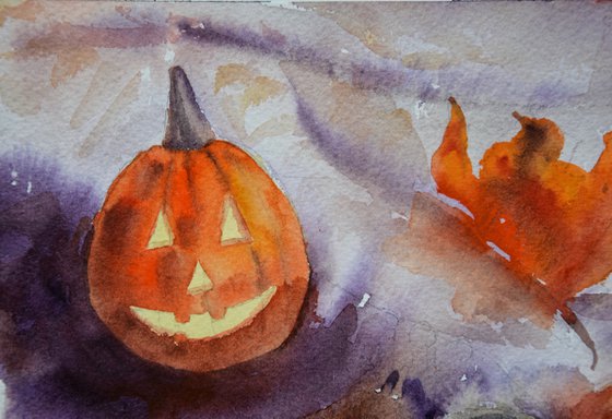 Halloween watercolour painting with pumpkin and coffee, autumn aesthetic wall art