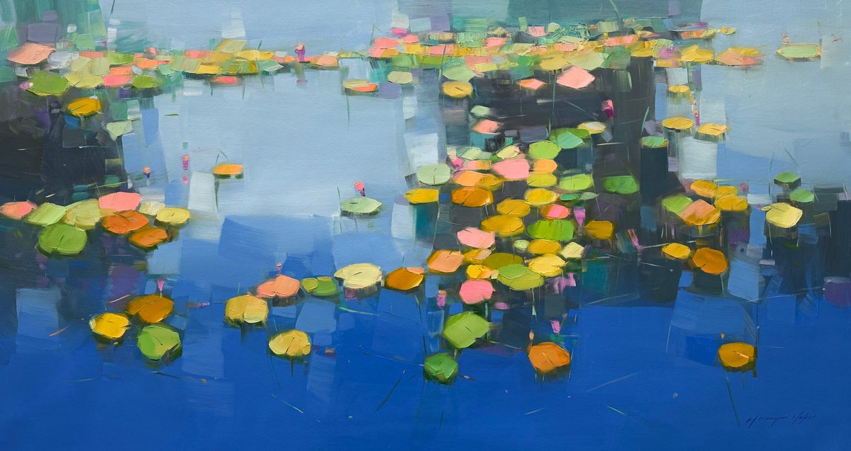 Impressionistic Botanical Oil Painting By Vahe Yeremyan, 56 X 30", Floating Lilies, Original Artwork