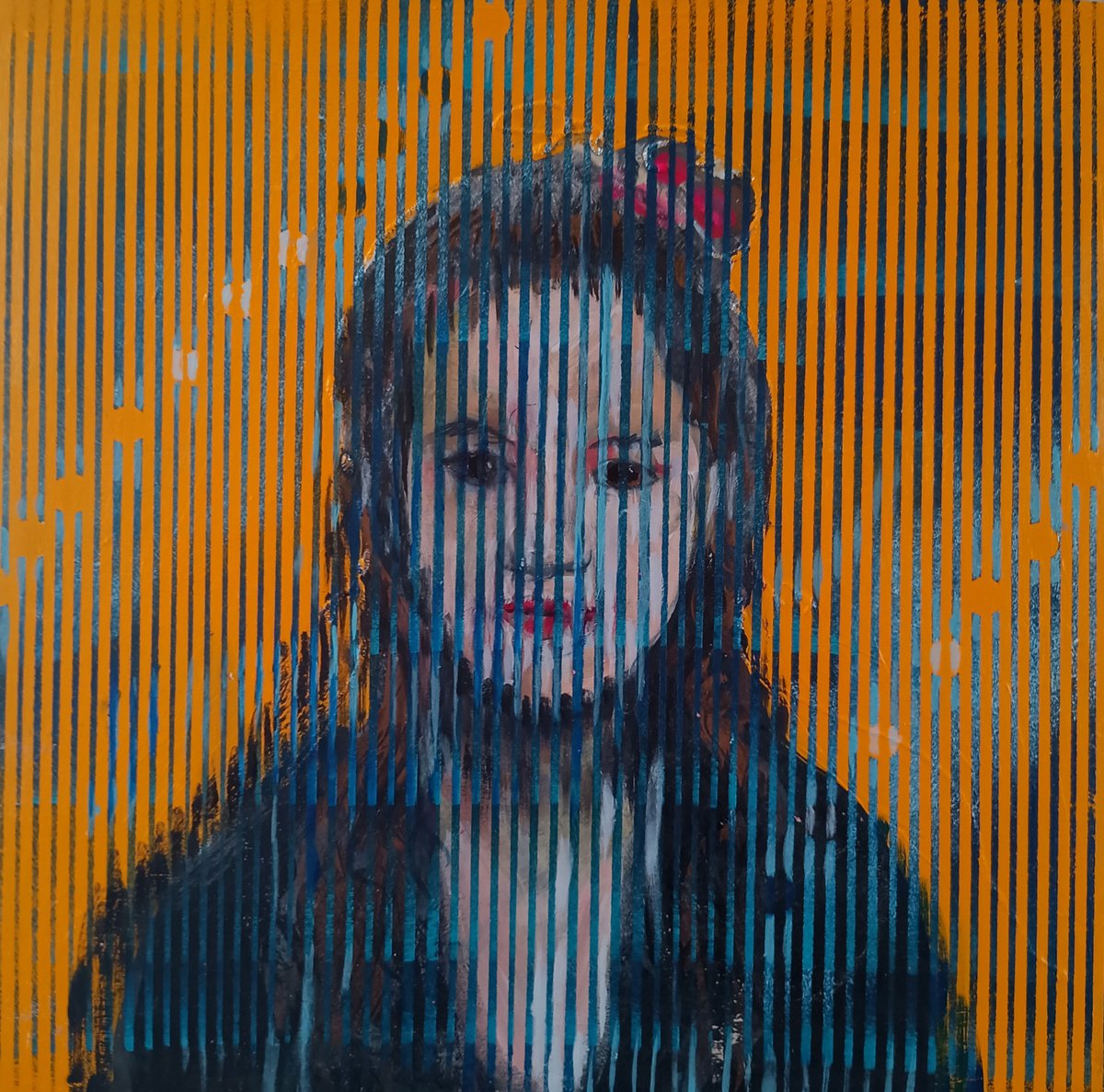 Expressive Portrait Acrylic Painting By Marina Del Pozo, 12 X 12", Orange Portrait, Original Artwork