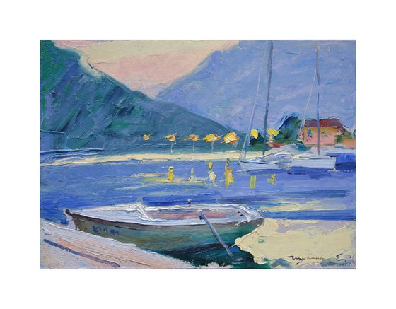 Embankmen of Montenegro. City Kotor . Original plein air oil painting .