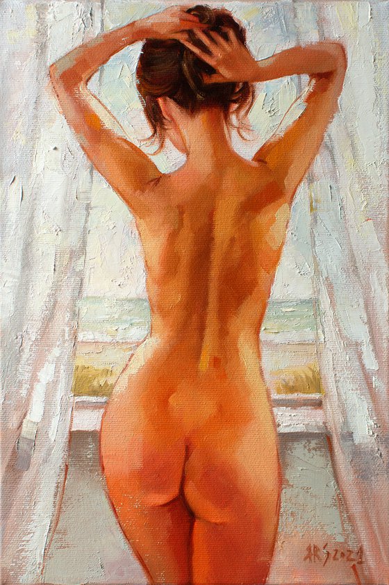 MORNING BY THE SEA #2 by Yaroslav Sobol  (Modern Impressionistic Romantic Beautiful Girl Oil painting Gift)
