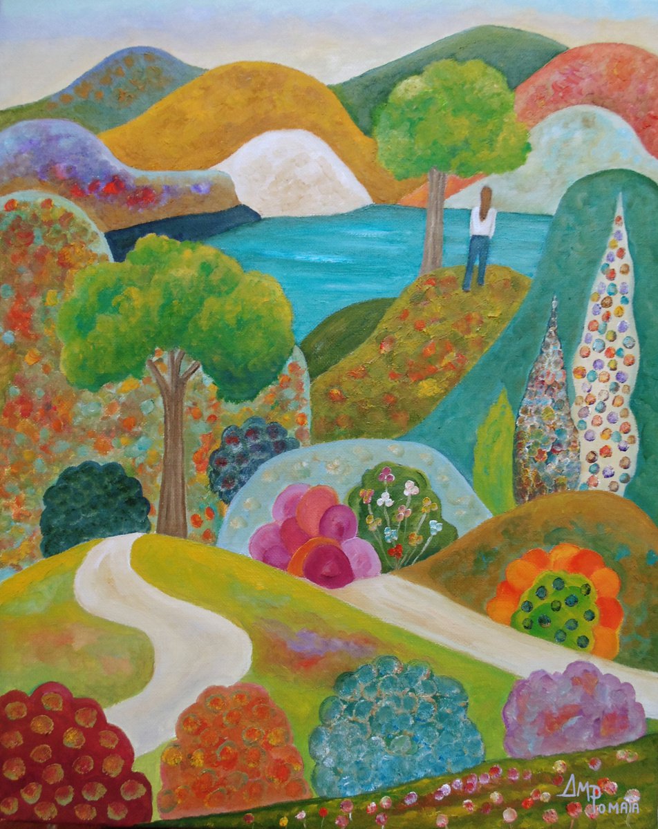 Impressionistic Landscape Oil Painting By Angeles M. Pomata, 13 X 16, Back Up On The Hill, Original Artwork