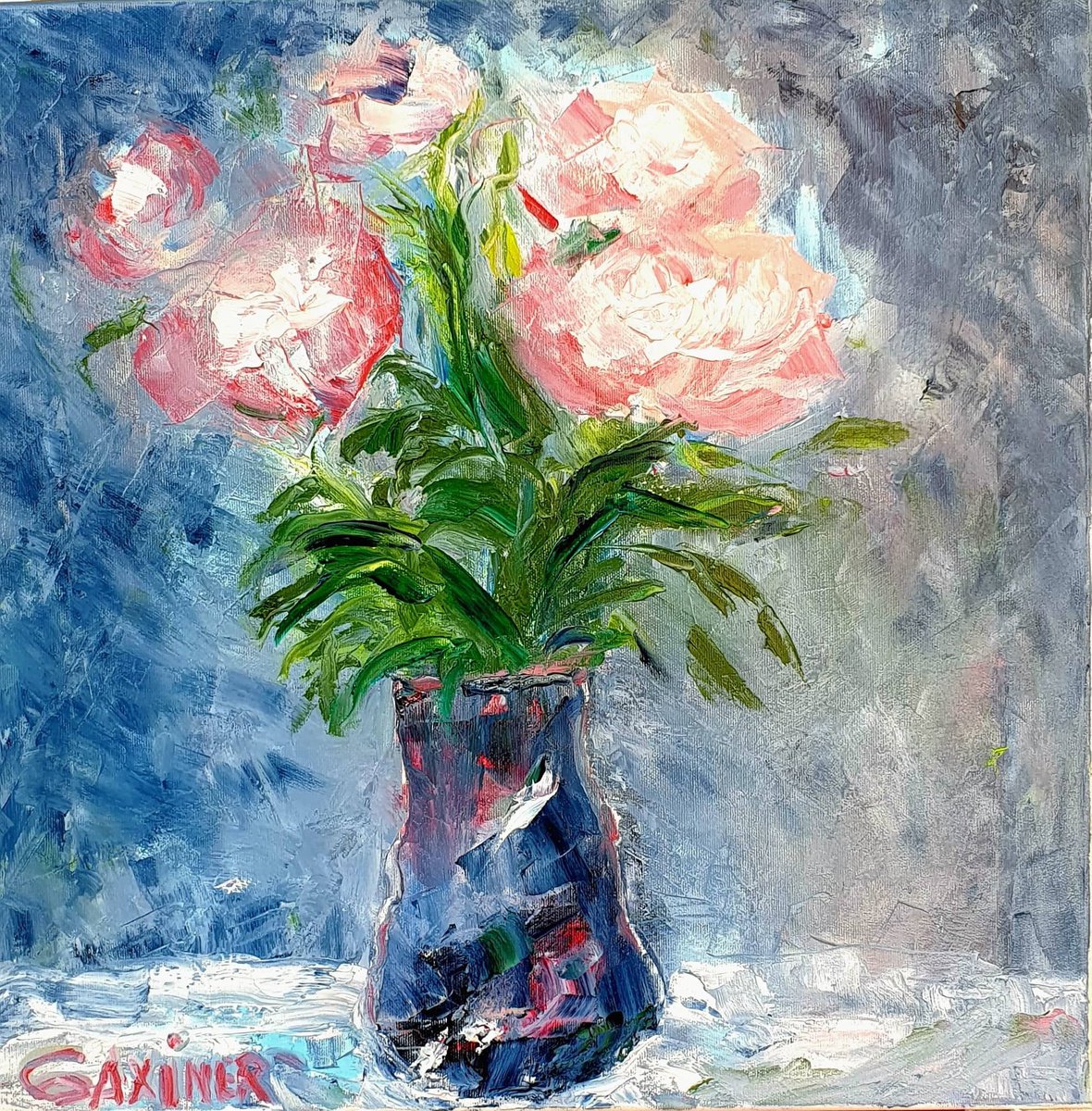 Impressionistic Botanical Oil Painting By Leo Baxiner, 20 X 20", Peony Bouquet, Original Artwork