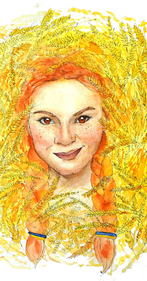 Watercolor Girl in Ukrainian Fields - Original Painting - Female Portrait by Yana Shvets