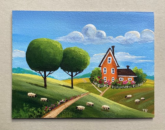 Naive Rural Landscape Acrylic Painting Original Art 6 x 8