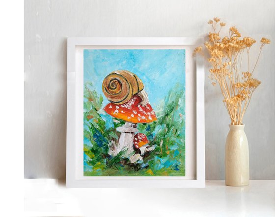 Snail Painting Mushroom Original Art Forest Landscape Artwork Animal Wall Art Oil Impasto Painting