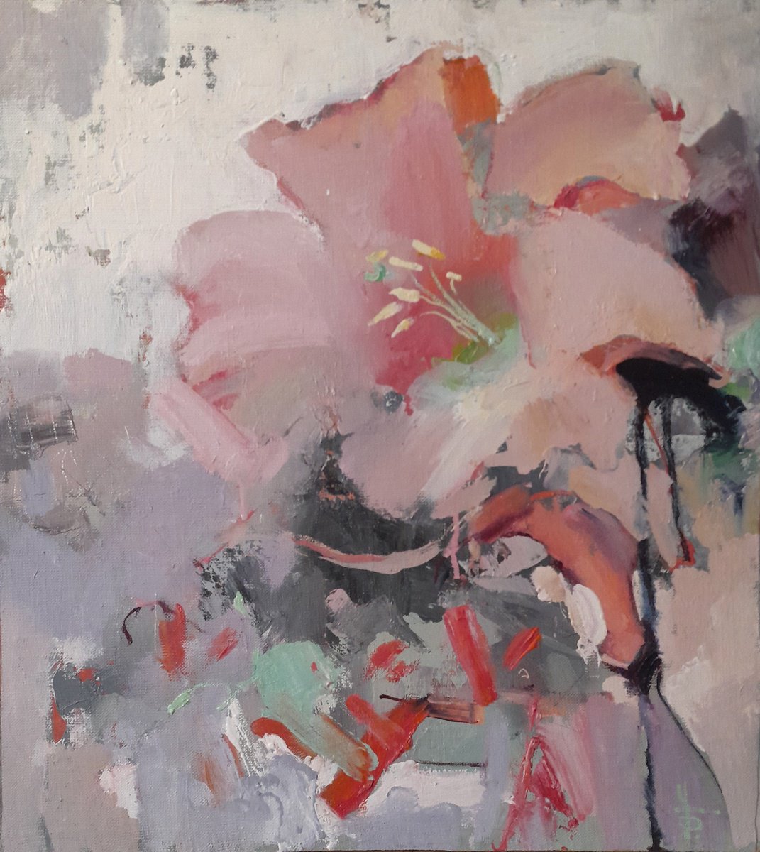 Urban And Pop Botanical Oil Painting By Tatyana Barinova, 16 X 18", Etud Lily, Original Artwork