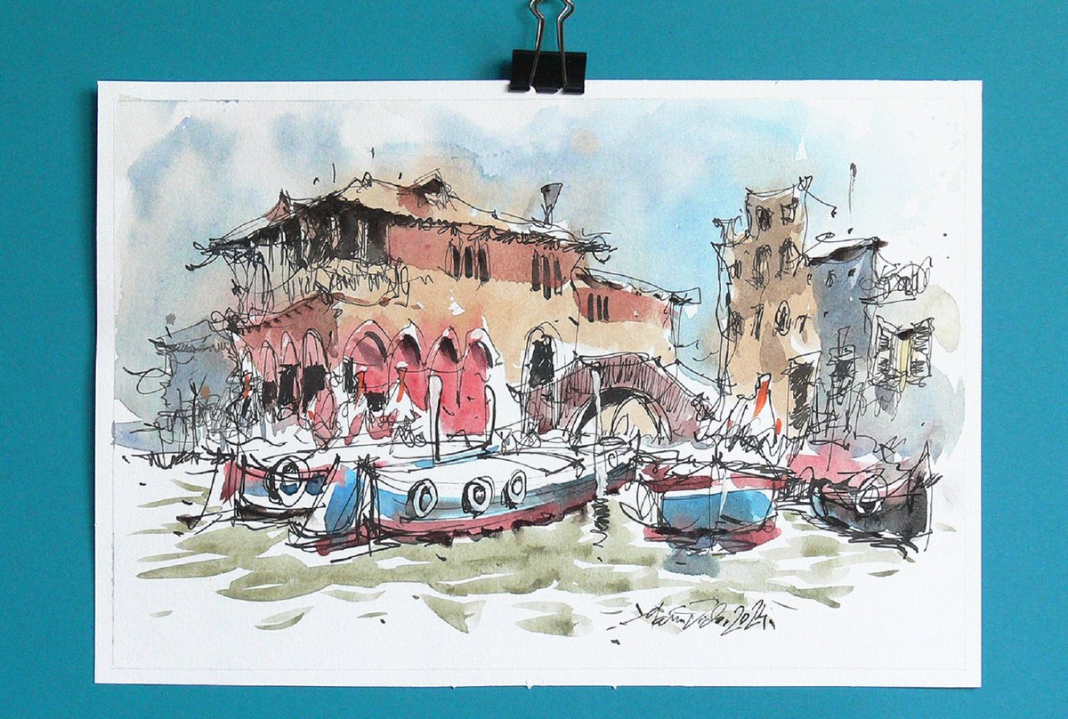 Impressionistic Cityscapes Watercolour By Marin Victor, 11 X 7", Venice, Watercolor Art., Original Artwork