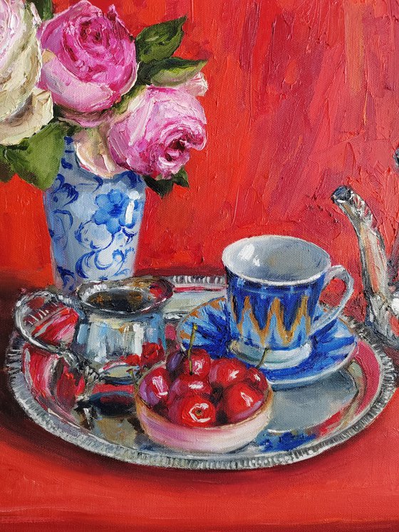 Pink roses bouquet with Antique teapot on red fabric still life oil painting