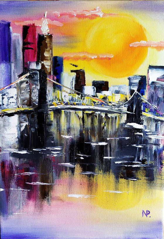 Brooklyn Bridge, original impressionistic city painting, gift idea, bedroom art