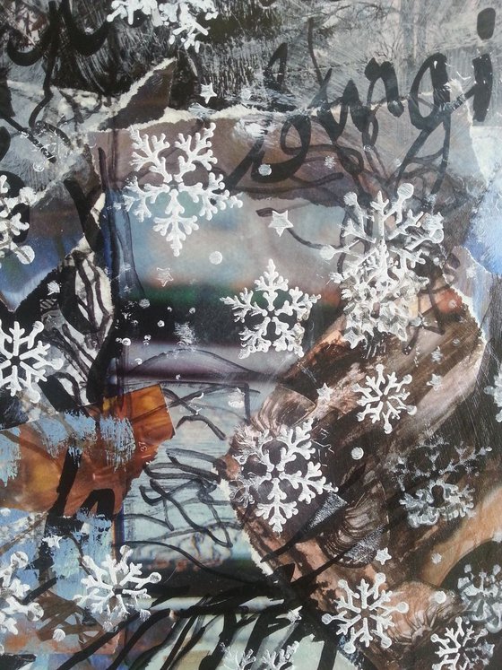 Soulboard : A winter dream landscape - collage and painting - birds