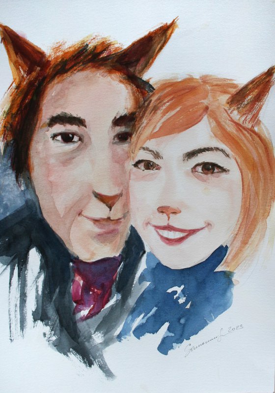 COUPLE OF FOXES II ... STILIZATION / ORIGINAL WATERCOLOR PAINTING