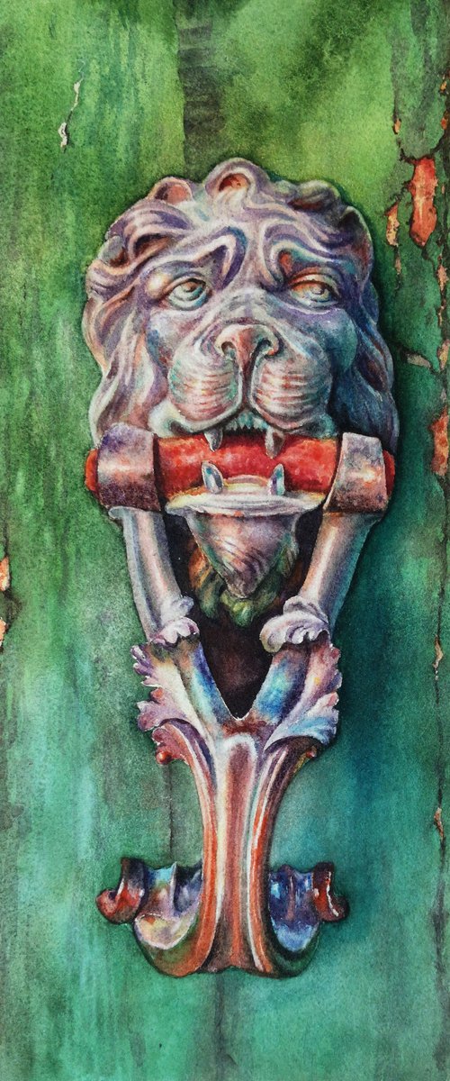 Lion Venetian Door Knocker Ven by Olga Beliaeva Watercolour