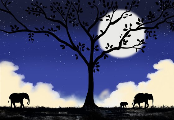 Elephants at Sunset africa animal elephant print blue