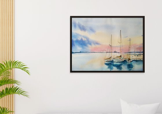 Boats in sunset artwork, watercolor illustration
