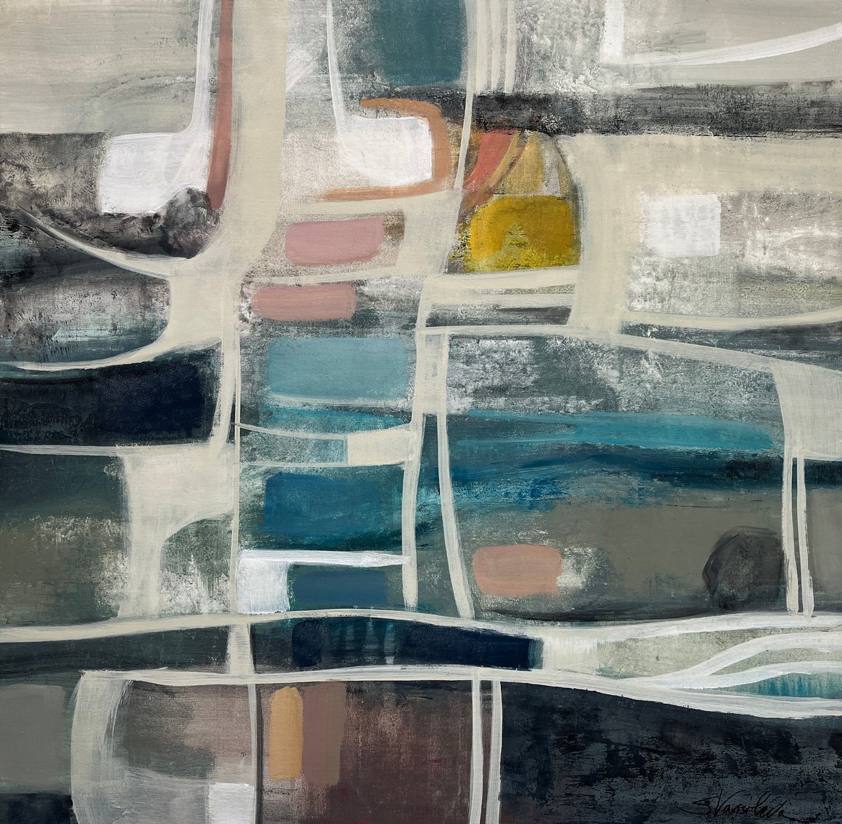 Abstract Acrylic Painting By Silvia Vassileva, 30 X 30", Mid Modern Vitrage, Original Artwork