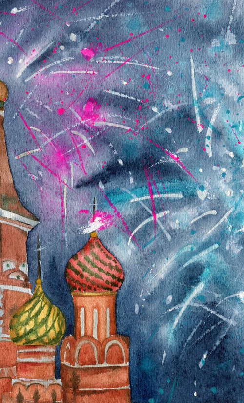 Festive fireworks in Moscow. New year's night. Original watercolor artwork. by Evgeniya Mokeeva