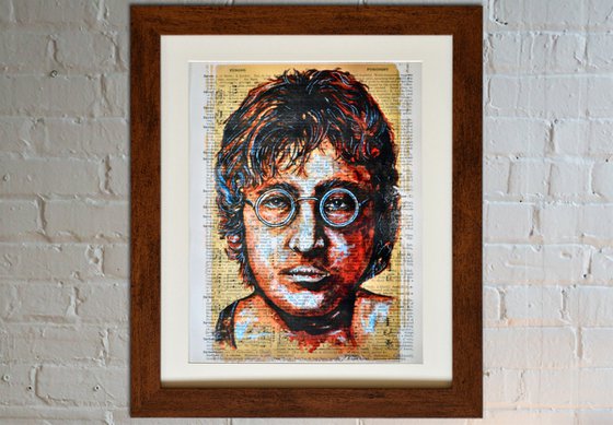 John Lennon - Collage Art on Large Real English Dictionary Vintage Book Page