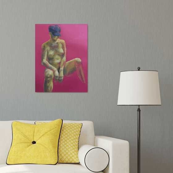 Fuchsia Nude Girl, 50*65, a soft pastel impressionistic drawing on a pink paper