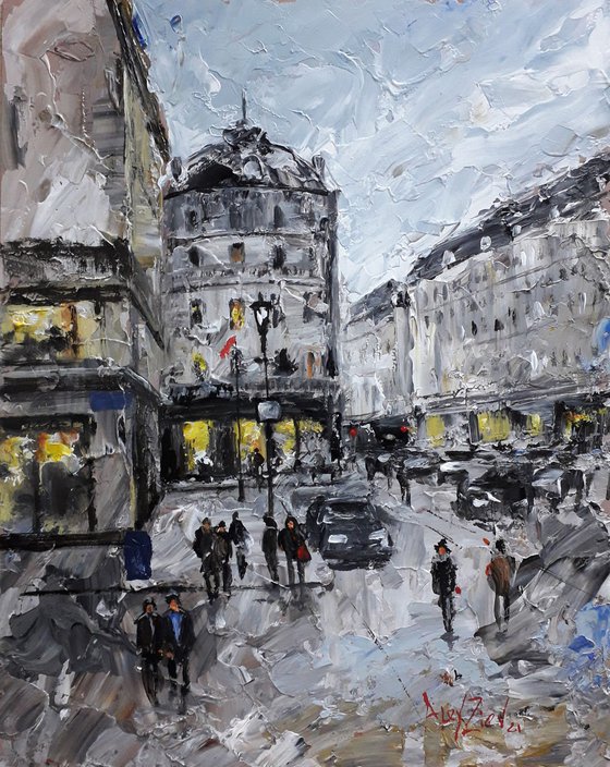 Cityscape. Painting with a palette knife. City street