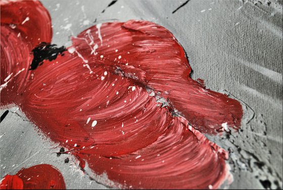 Red Blossoms II - framed abstract acrylic painting, deep structured, canvas wall art, black red flower painting ready to hang