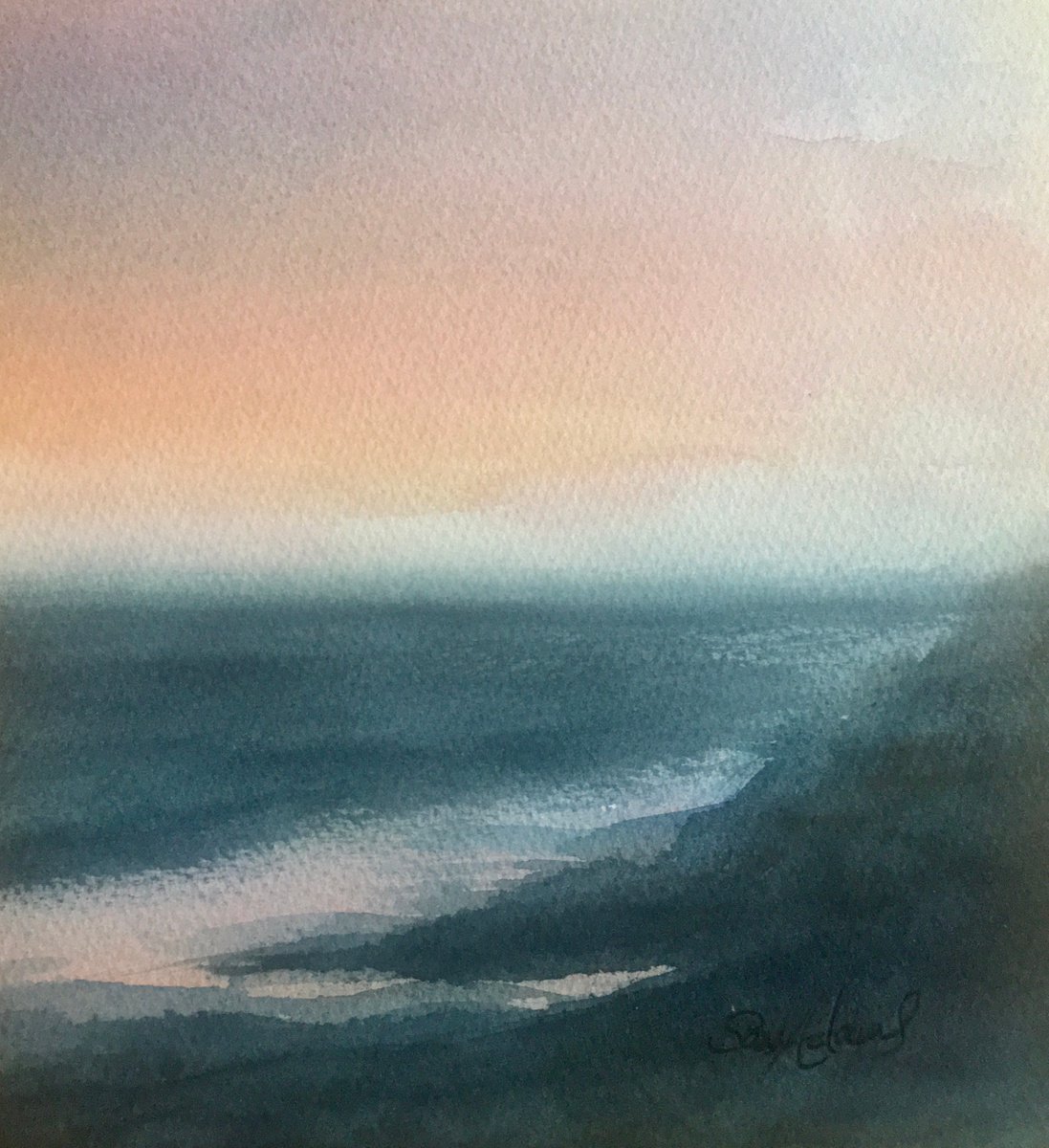 Atlantic and the North Cornish cliffs at dusk by Samantha Adams professional watercolorist