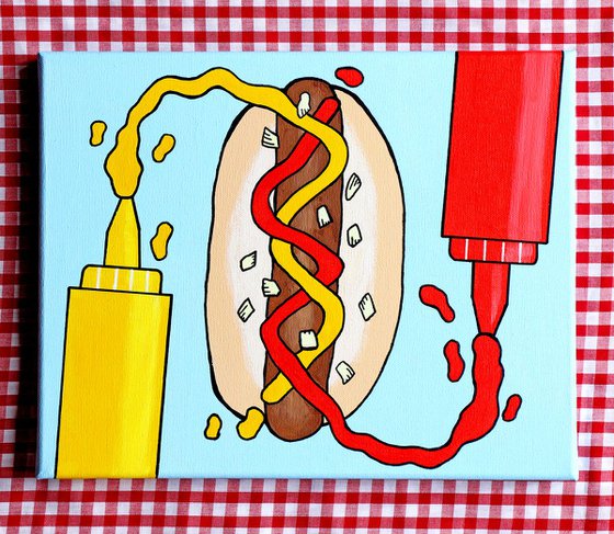 Hot Dog With Tomato Ketchup And Mustard Pop Art Painting On Canvas