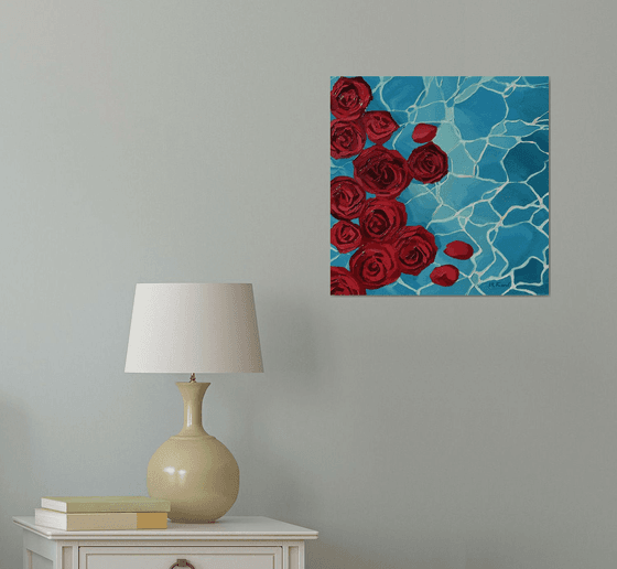 Crimson petals.Blue silence