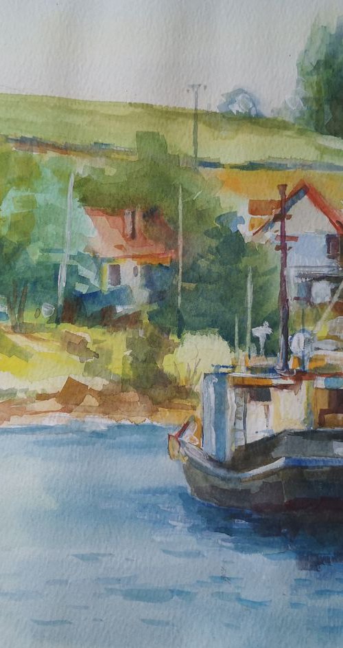 Moored boat, original, one of a kind, watercolor on paper seascape (11x14'') by Alexander Koltakov