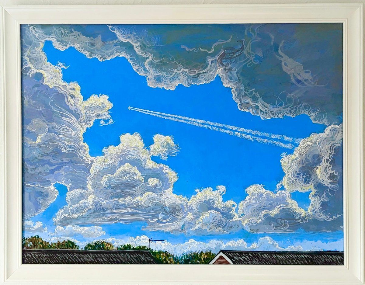 Landscape Acrylic Painting By Benjamin Duarri, 35 X 27, Rooftops With Jet, Original Artwork