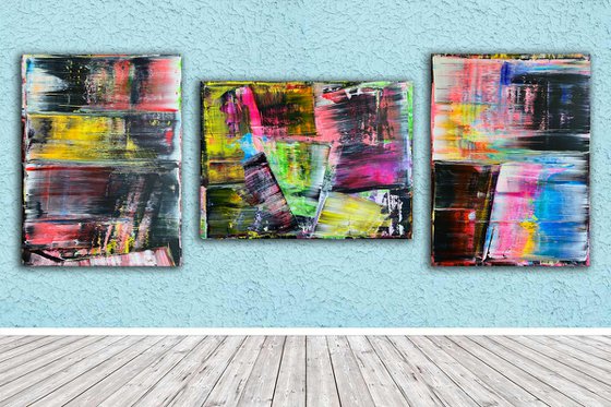 "We're All Mad Here" - Save As A Series - Original PMS Large Abstract Acrylic Painting Triptych On Canvas - 100" x 40"