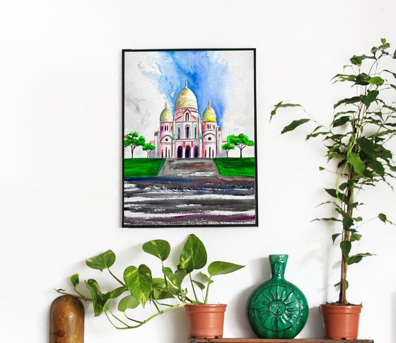 Paris Watercolor Painting, Montmartre Landscape Art, French City Original Artwork, Romantic Wall Decor