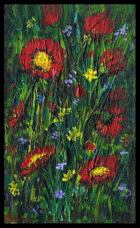 Miniature Landscape Painting Red Flowers Meadow Artfinder