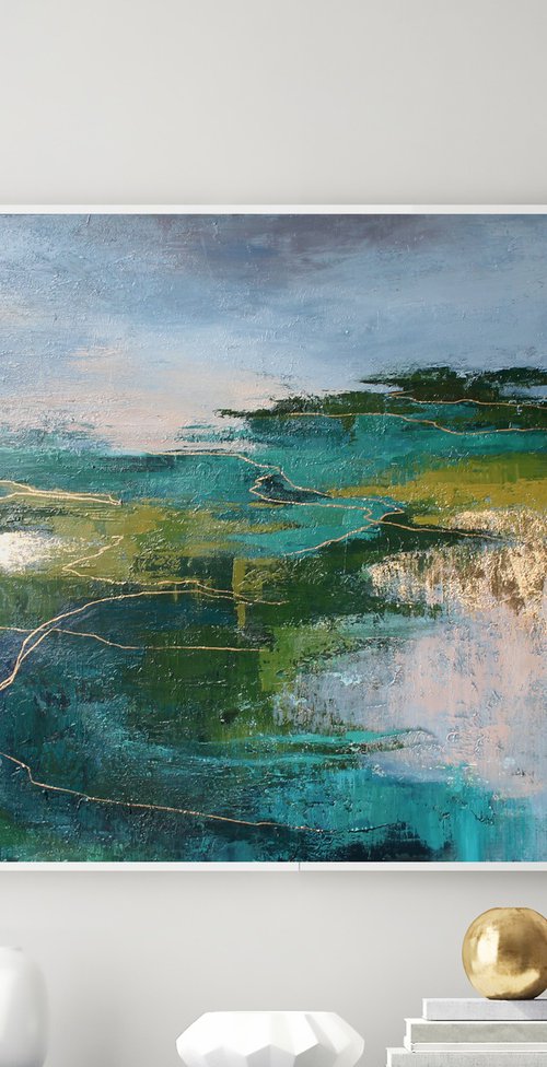 "North 2" Abstract nature green gold acrylic by Solomia