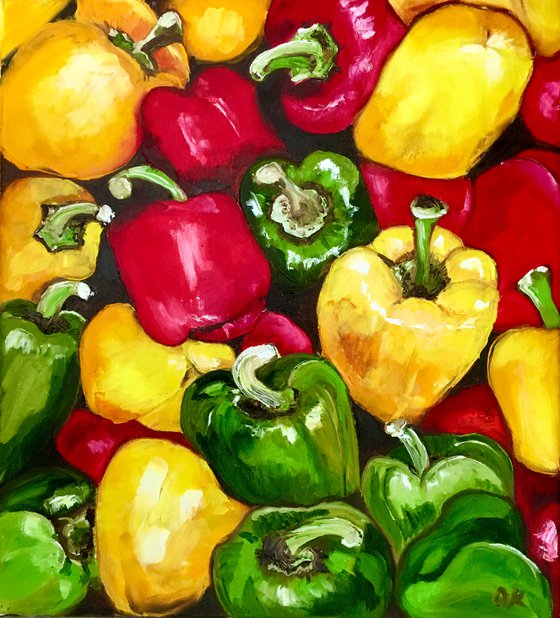 Peppers , oil painting, still life. Palette knife painting on canvas.