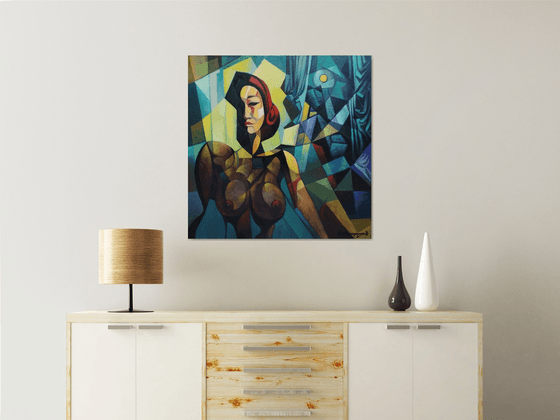 Midnight (80x80cm, cubism, oil painting, ready to hang)