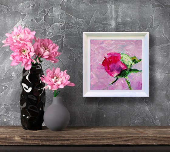 Peony Painting Original Art Pink Floral Small Oil Artwork Flower Wall Art 6 by 6