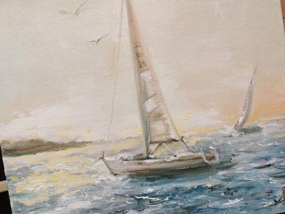 Ocean oil art, Yacht painting