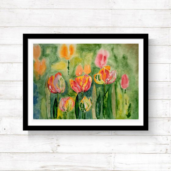 Tulip Painting Floral Original Art Flowers Watercolor Artwork Home Wall Art 17 by 12" by Halyna Kirichenko