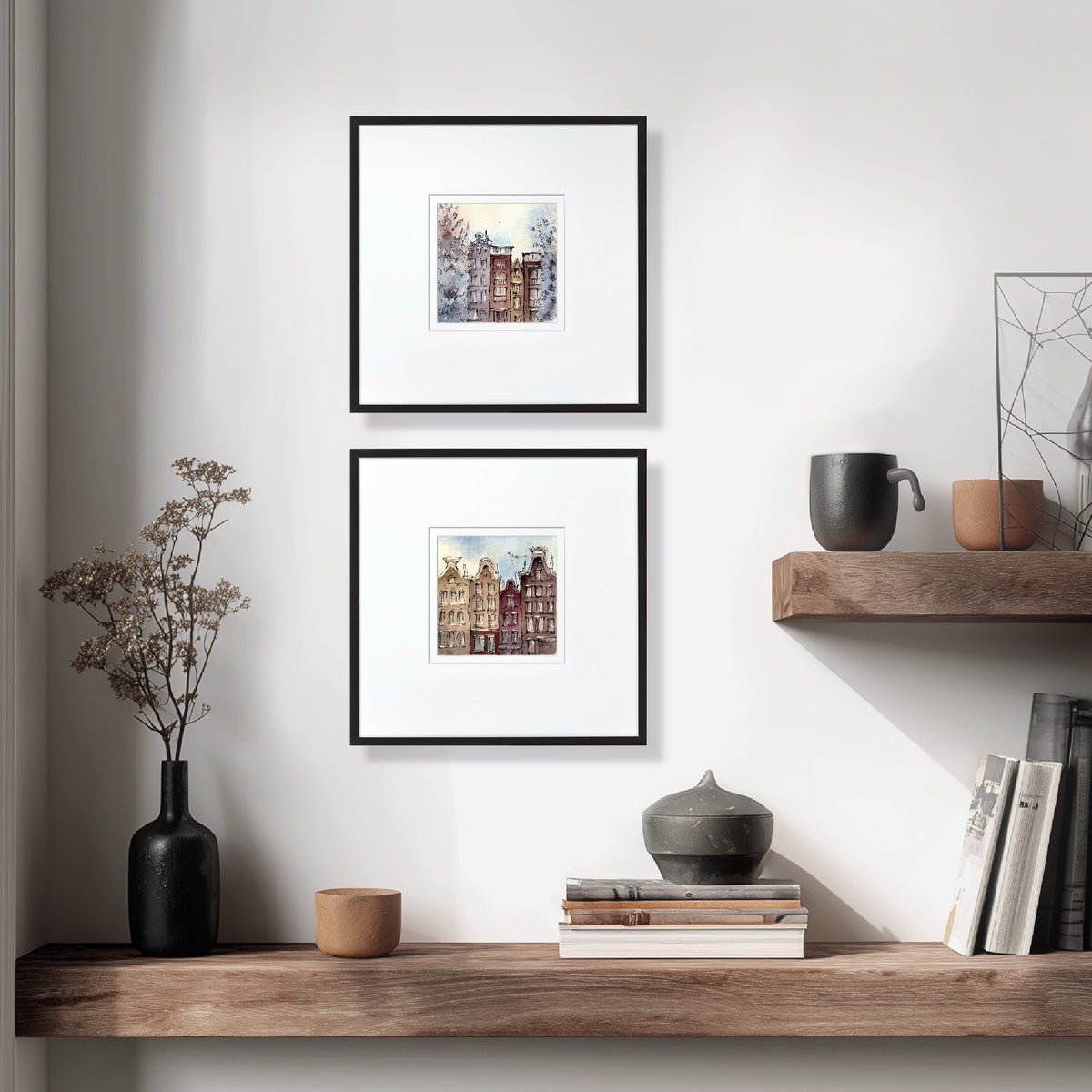 Impressionistic Cityscapes Watercolour By Alena Post, 20 X 10, Dutch Canal Houses, Original Artwork