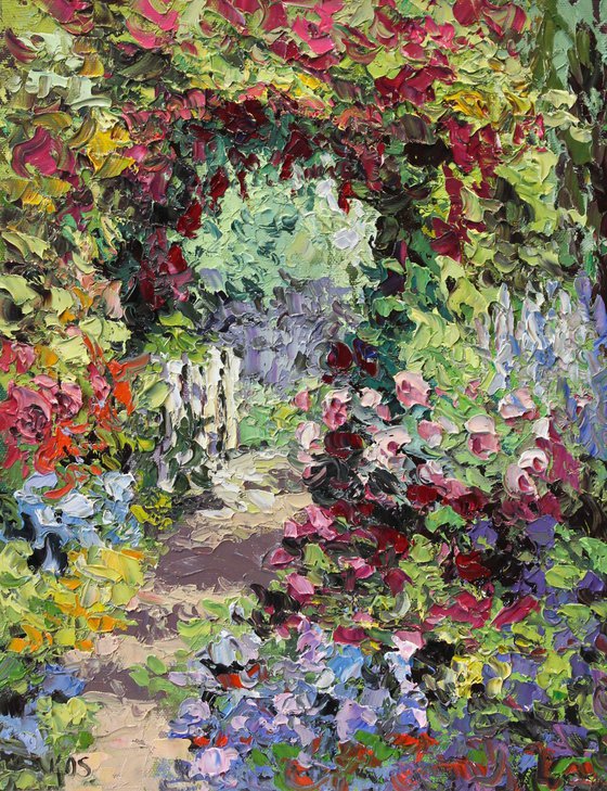 An original Textured Oil Garden Painting, "Roses And Violet Clematis"