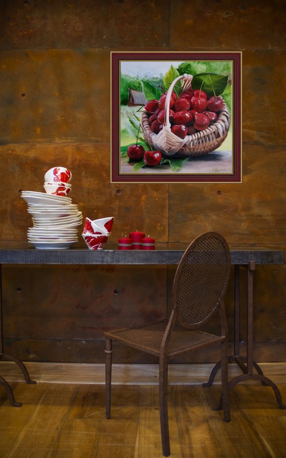 Cherry - Nature's Candy. Original Oil Painting on Canvas. Summer Still life. Summer Berries Room accent. Summer painting.