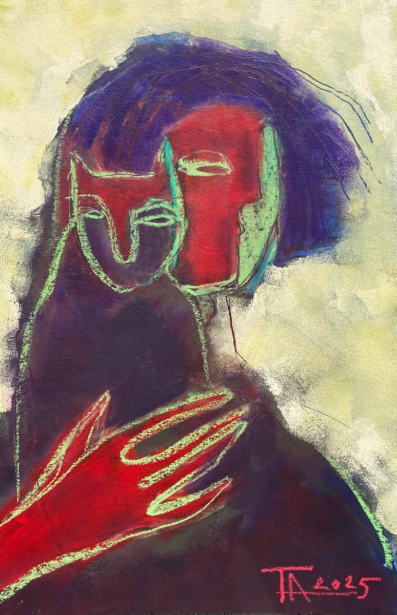 Expressive Portrait Pastel Drawing By Tatjana Auschew, 13 X 20", Portrait With A Cat., Original Artwork