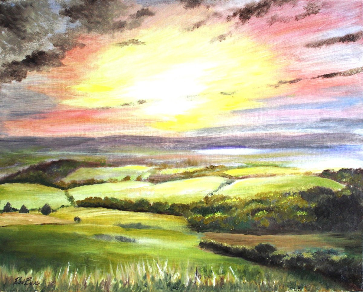 Impressionistic Landscape Oil Painting By Rod Bere, 20 X 16", Sunset Over The Downs, Original Artwork