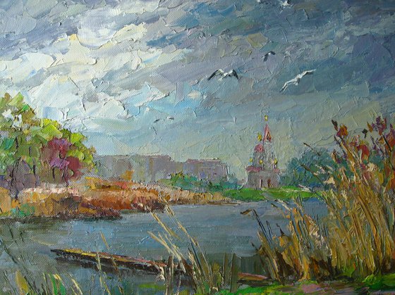 Gulls over the river. Dry Kagamlyk