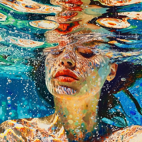 Woman under water in the swimming pool, sea, ocean with blue green turquoise color waves with bright sun glares. Impressionistic artwork with female face portrait. Positive relax holiday colorful wall art home decor. Art Gift